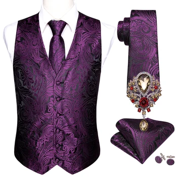 5 шт., дизайнерский мужской свадебный костюм, жилет, фиолетовый жаккард Пейсли, шелковый жилет, броши для галстука, жилет, комплект Barry.Wang Groom