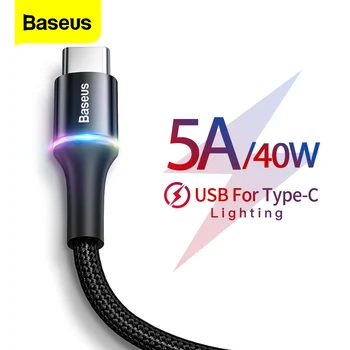 Baseus 5A Светодиодный Кабель Для Зарядного устройства С Подсветкой Для Xiaomi Redmi k20 Huawei P30 Pro 40 Вт Зарядное Устройство Для Быстрой Зарядки USB-C Type-C Кабель Провод Шнур