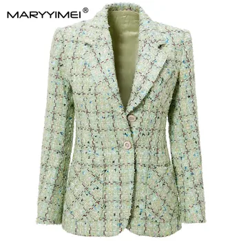 MARYYIMEI/ Новая модная осенняя куртка высокого качества, однобортный отложной воротник, карманы, клетчатая зеленая праздничная короткая куртка