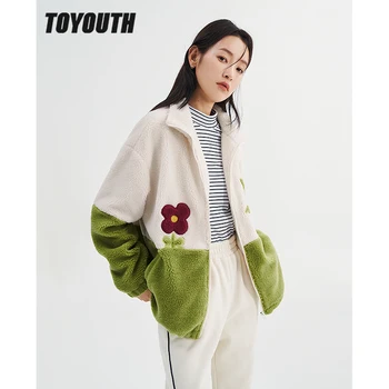 Toyouth Женское плюшевое пальто 2022, Зимняя свободная куртка-поло с длинным рукавом и 3D цветочным принтом, Бежевые Повседневные теплые топы