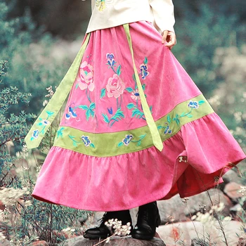 Бесплатная доставка, S-XL, осенне-зимняя Длинная юбка Макси с эластичной резинкой на талии, Высококачественная Женская вельветовая юбка в китайском стиле с национальной вышивкой