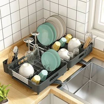 Подставка для сушки посуды Сливное устройство Держатель щетки для чистки Расширяемые Тарелки Устойчивые к Ржавчине Подставки для посуды Кухонный Органайзер Держатель столешницы